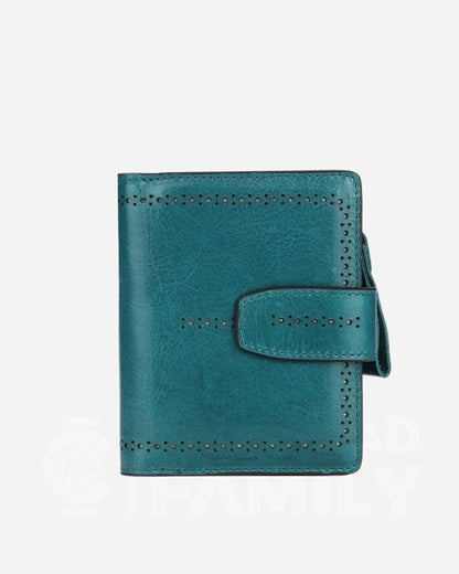 Blue RFID blocking wallet showcasing hole details